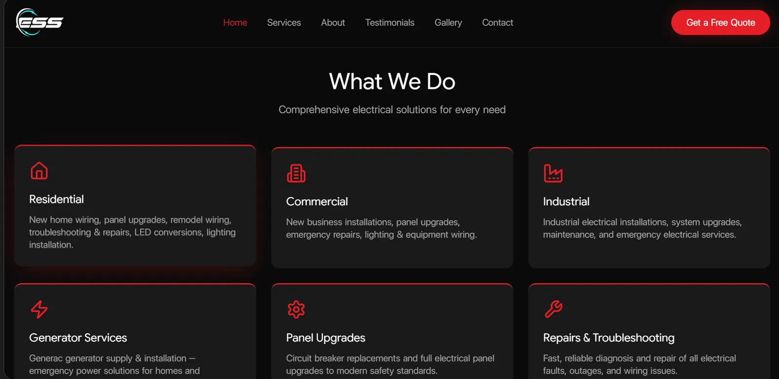 Electrical Solutions and Services LLC (ESS) website homepage